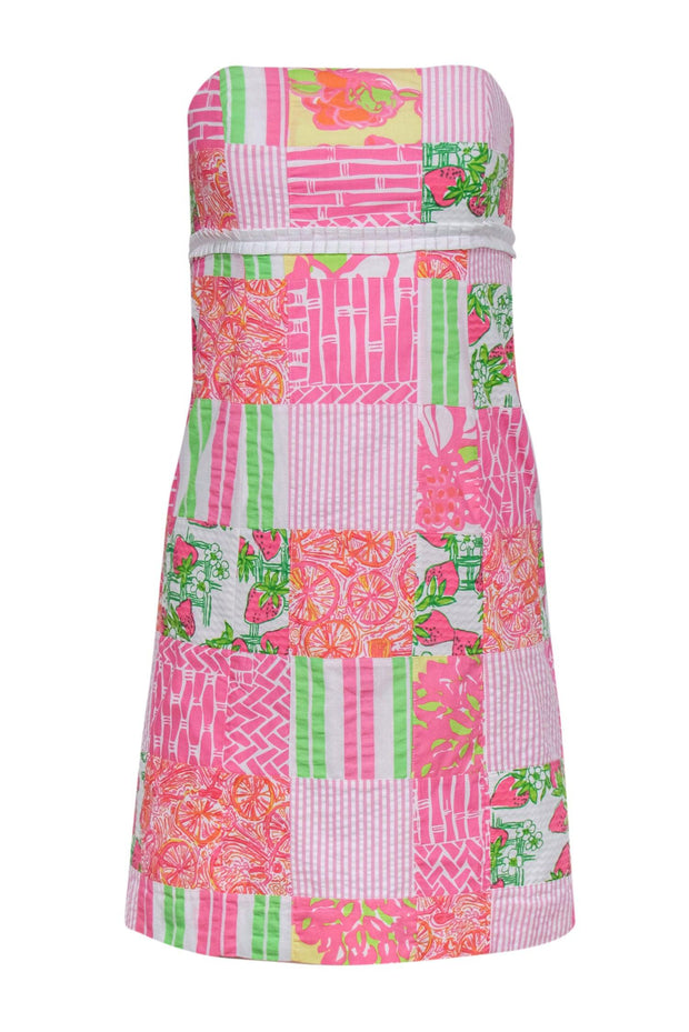 Current Boutique-Lilly Pulitzer - Pink & Green Mixed Fruit Patchwork Cotton Strapless Dress Sz 2