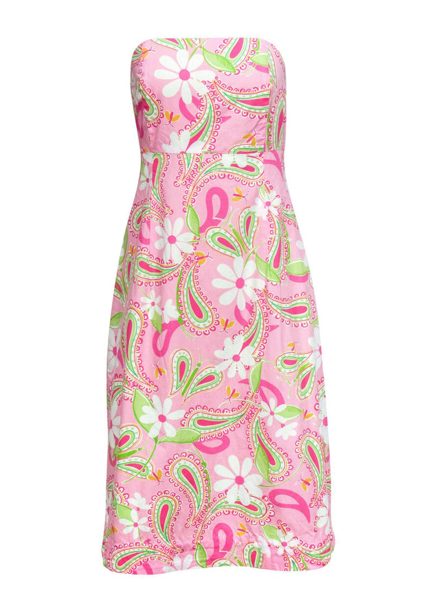 Current Boutique-Lilly Pulitzer - Pink & Green Paisley Floral Print Strapless Dress Sz 8