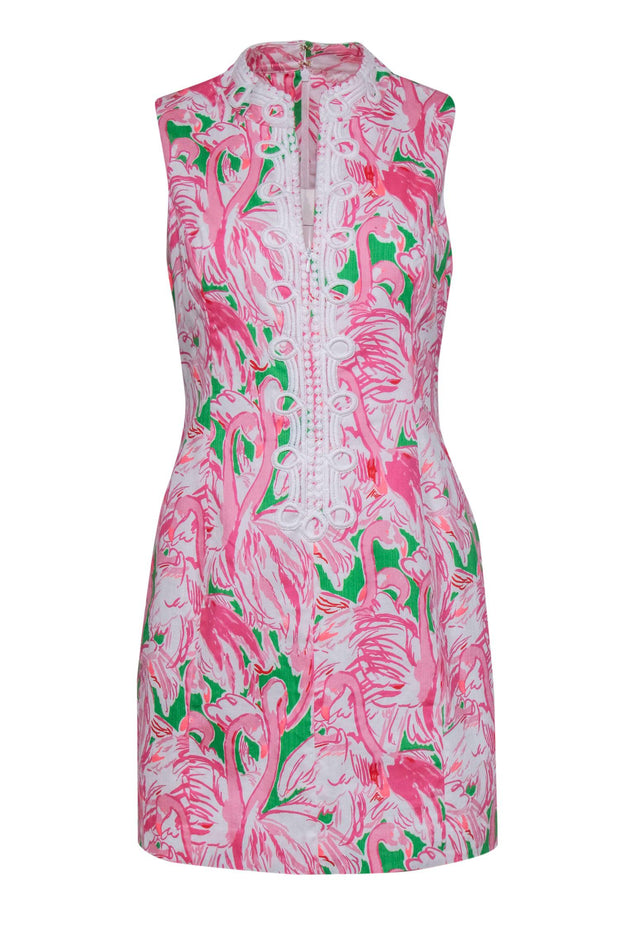 Current Boutique-Lilly Pulitzer - Pink, Green & White Flamingo Print "Alexa" Shift Dress Sz 10