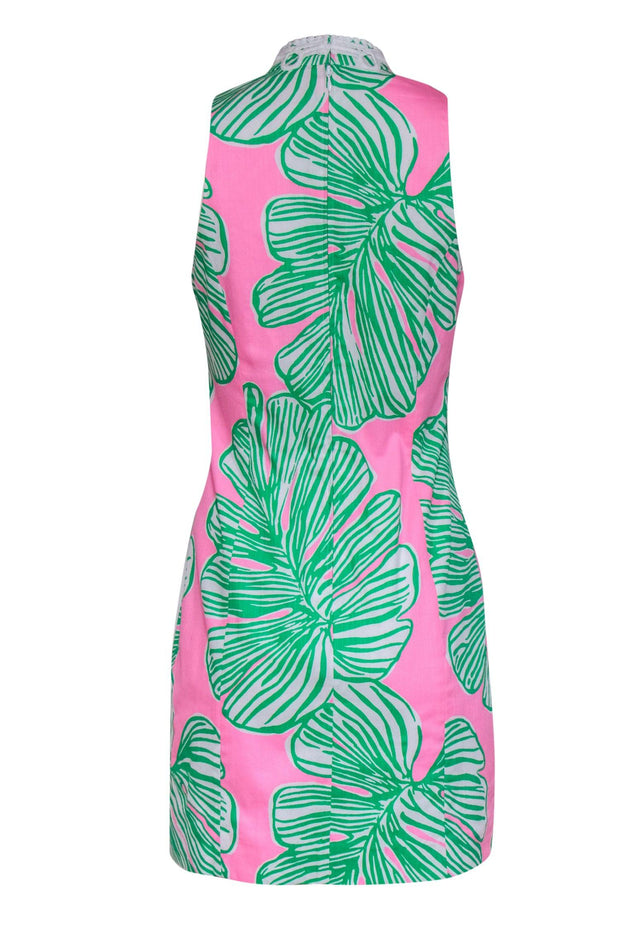 Current Boutique-Lilly Pulitzer - Pink, Green & White Leaf Print Sheath Dress w/ Embroidered Trim Sz 4