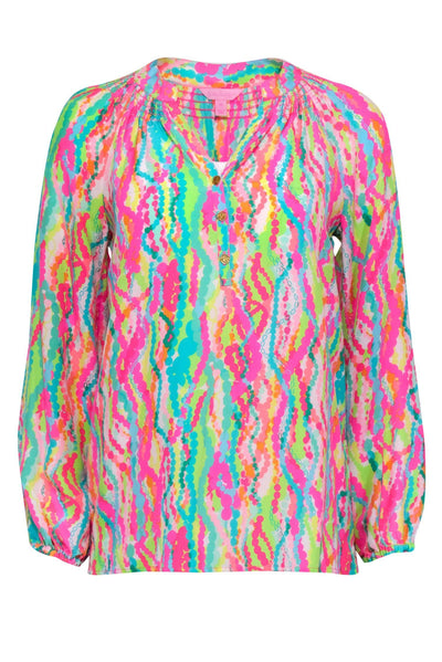 Current Boutique-Lilly Pulitzer - Pink & Multicolor Print Silk Peasant Blouse Sz XS