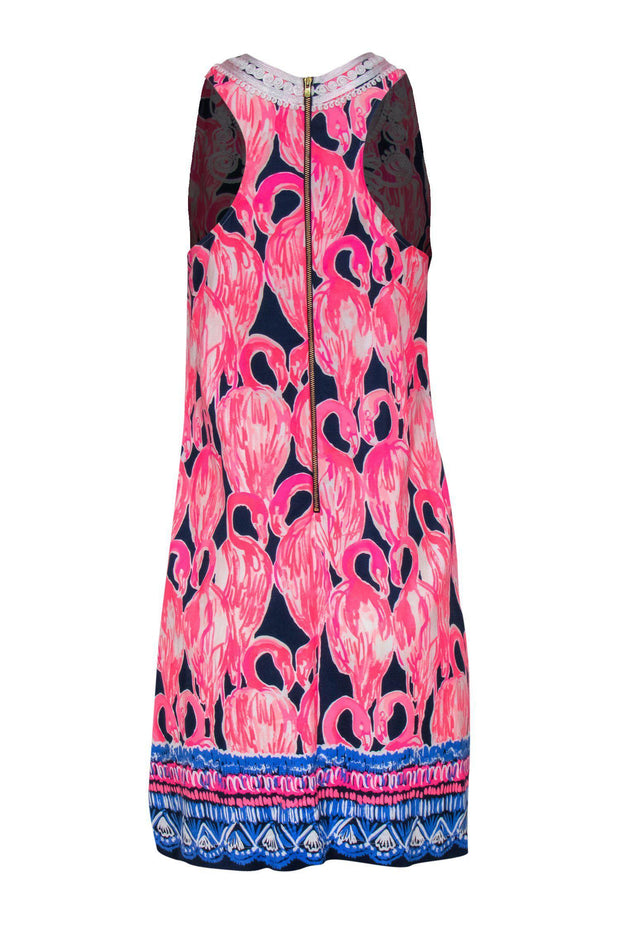 Current Boutique-Lilly Pulitzer - Pink & Navy Flamingo Print Sleeveless Sheath Dress w/ Embroidered Trim Sz 2