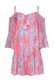 Current Boutique-Lilly Pulitzer - Pink, Orange, & Blue Shell Print Boho Swing Dress w/ Cold Shoulder Sz XS