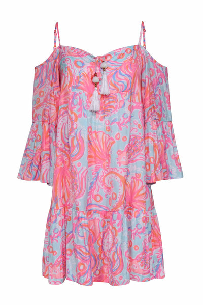Current Boutique-Lilly Pulitzer - Pink, Orange, & Blue Shell Print Boho Swing Dress w/ Cold Shoulder Sz XS