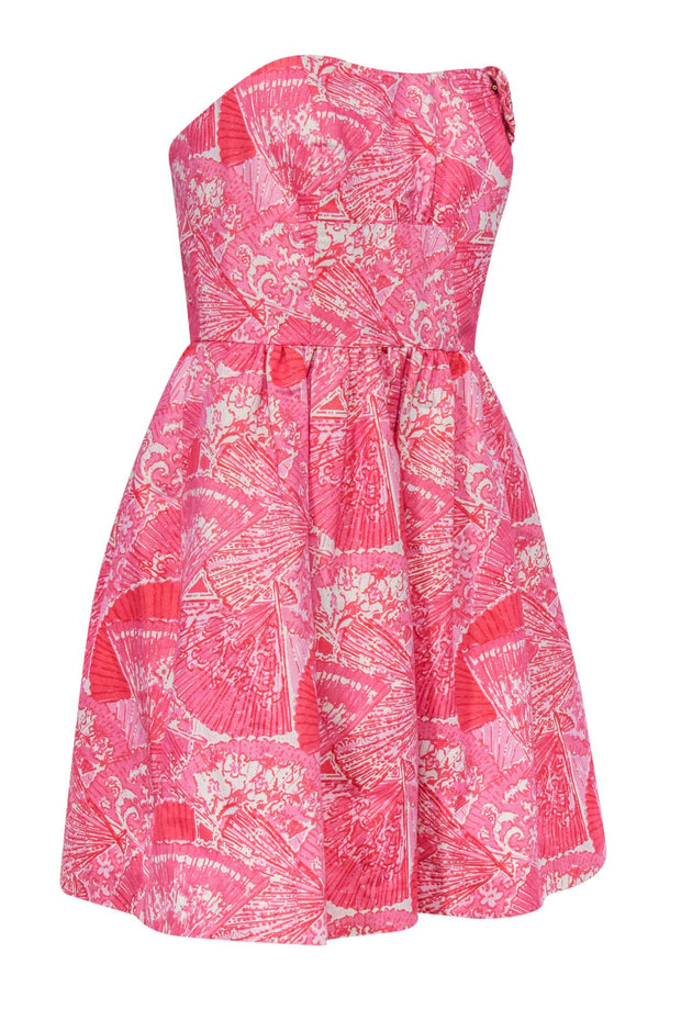 Current Boutique-Lilly Pulitzer - Pink & Red Metallic Fan & Floral Print Strapless Dress Sz 10