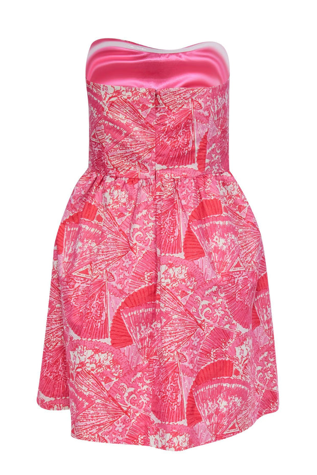 Current Boutique-Lilly Pulitzer - Pink & Red Metallic Fan & Floral Print Strapless Dress Sz 10