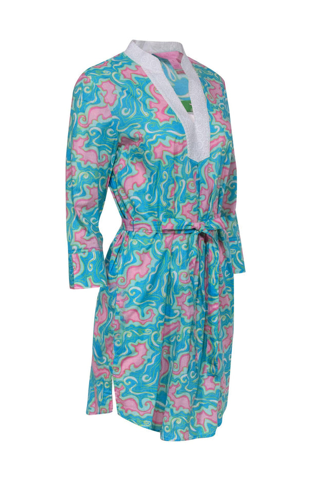 Current Boutique-Lilly Pulitzer - Pink & Teal "Pillar" Cotton Shirtdress Sz S