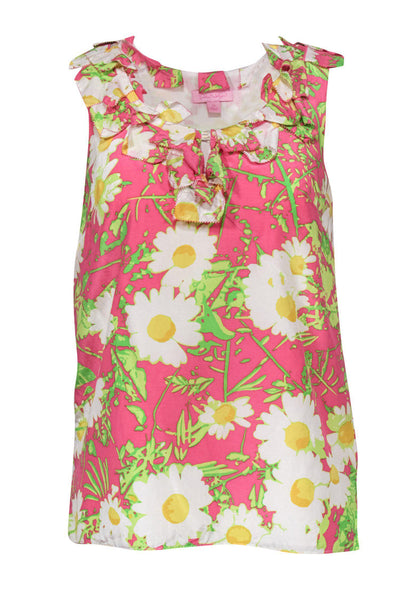 Current Boutique-Lilly Pulitzer - Pink & White Floral Print Tank w/ Ruffles Sz XS