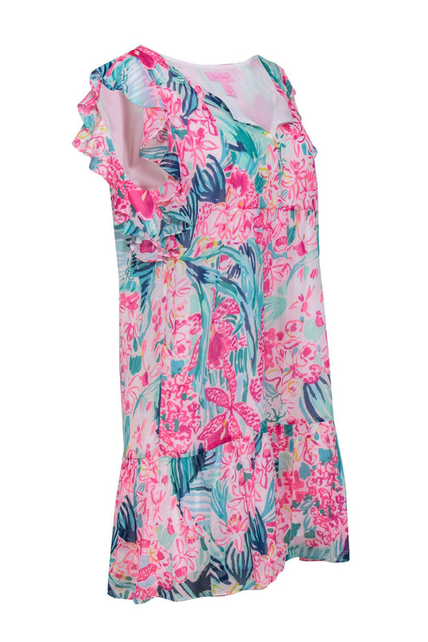 Current Boutique-Lilly Pulitzer - Sleeveless Ruffle "Nora" Printed Floral Dress Sz L