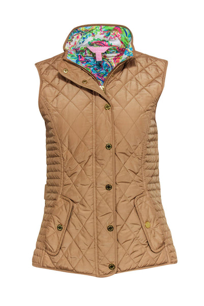 Current Boutique-Lilly Pulitzer - Tan Quilted Zip-Up Vest w/ Printed Lining Sz S