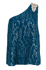 Current Boutique-Lilly Pulitzer - Teal & Gold Speckled One-Shoulder Blouse w/ Lace Embellishment Sz 4