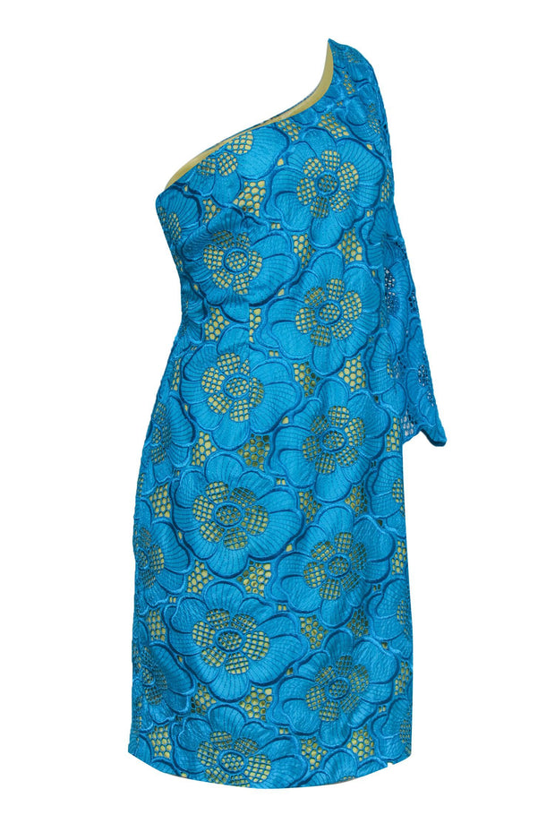 Current Boutique-Lilly Pulitzer - Teal Lace Floral One-Shoulder Dress w/ Yellow Slip Sz 14