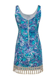 Current Boutique-Lilly Pulitzer - Turquoise Floral & Fish Print Textured Shift Dress w/ Gold Tassel Hem Sz 6