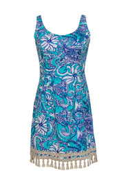 Current Boutique-Lilly Pulitzer - Turquoise Floral & Fish Print Textured Shift Dress w/ Gold Tassel Hem Sz 6