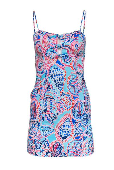 Current Boutique-Lilly Pulitzer - Turquoise & Pink Shell Print Sleeveless Mini Dress w/ Bows Sz 00
