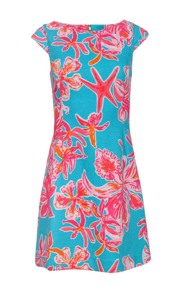 Current Boutique-Lilly Pulitzer - Turquoise & Pink Starfish Floral Ribbed Sheath Dress Sz XS