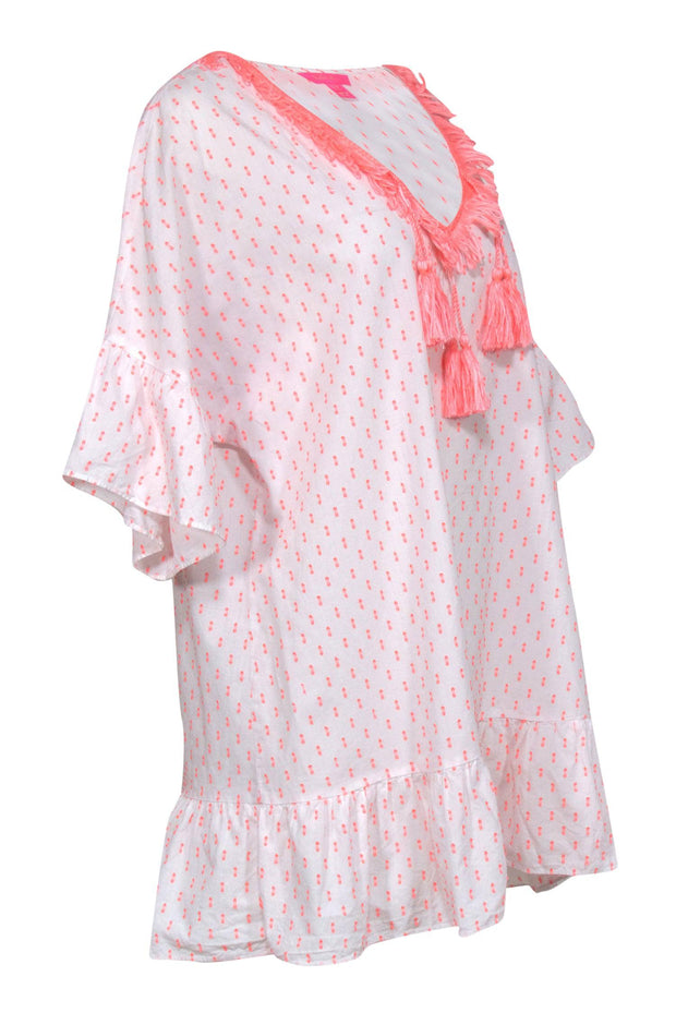Current Boutique-Lilly Pulitzer - White Cotton & Neon Pink Shift Dress w/ Tassels Sz L/XL