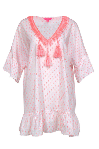 Current Boutique-Lilly Pulitzer - White Cotton & Neon Pink Shift Dress w/ Tassels Sz L/XL