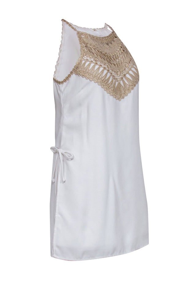 Current Boutique-Lilly Pulitzer - White & Gold Embroidered Sleeveless Romper w/ Overlay Sz 6