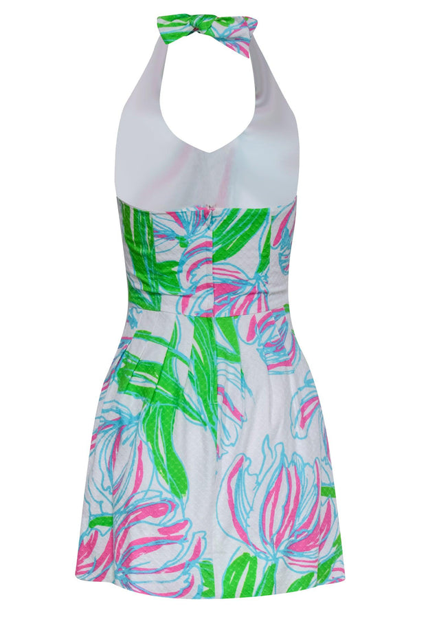 Current Boutique-Lilly Pulitzer - White Halter Fit & Flare Dress w/ Floral Pink, Green & Teal Print Sz 0