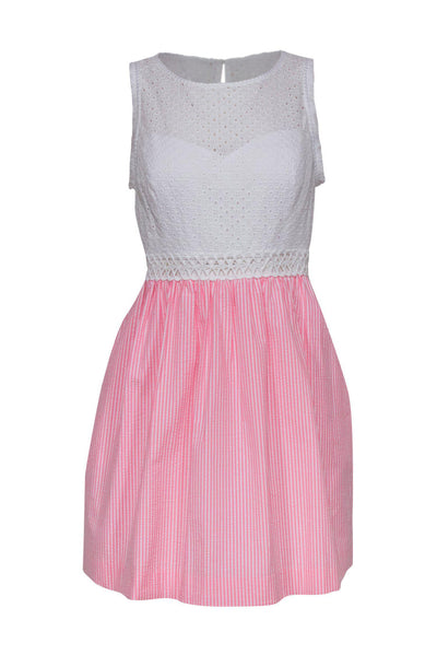 Current Boutique-Lilly Pulitzer - White & Pink Striped Seersucker "Alivia" Dress w/ Eyelet Top Sz 6