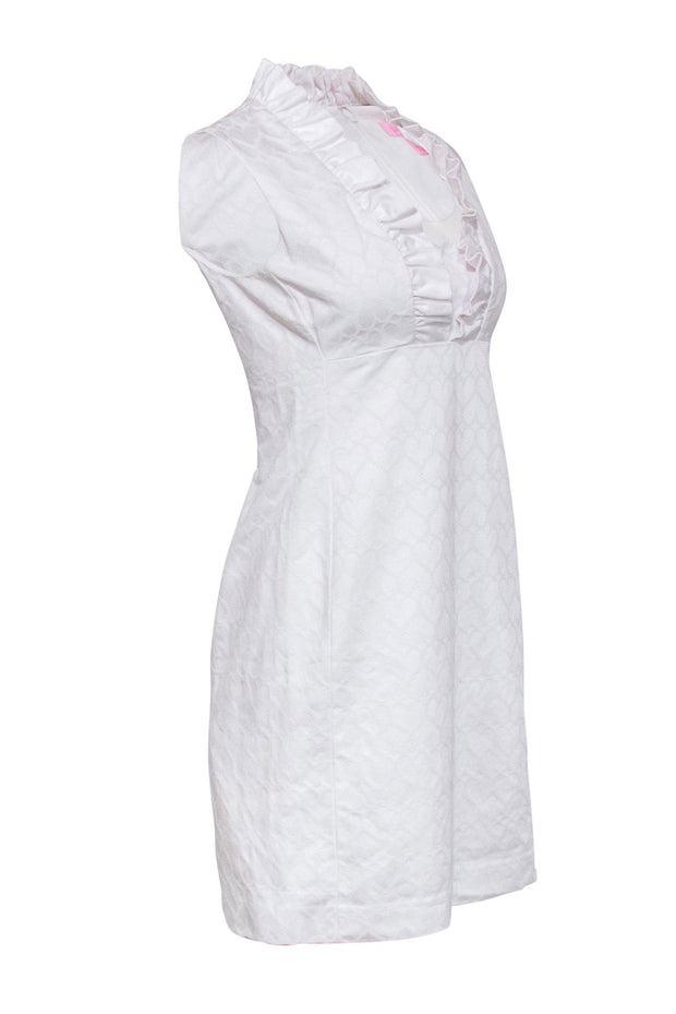 Current Boutique-Lilly Pulitzer - White Sleeveless Sheath Dress w/ Embroidered Heart Print & Ruffles Sz 4