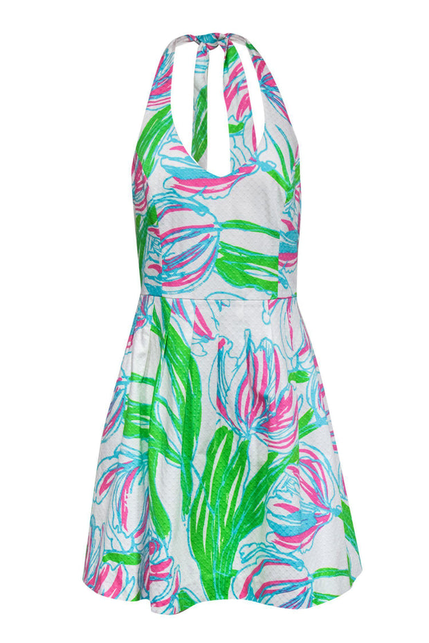 Current Boutique-Lilly Pulitzer - White Textured Halter Dress w/ Multicolored Floral Print Sz 8