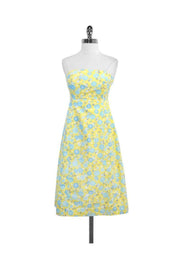 Current Boutique-Lilly Pulitzer - Yellow & Blue Floral Print Cotton Strapless Dress Sz 2