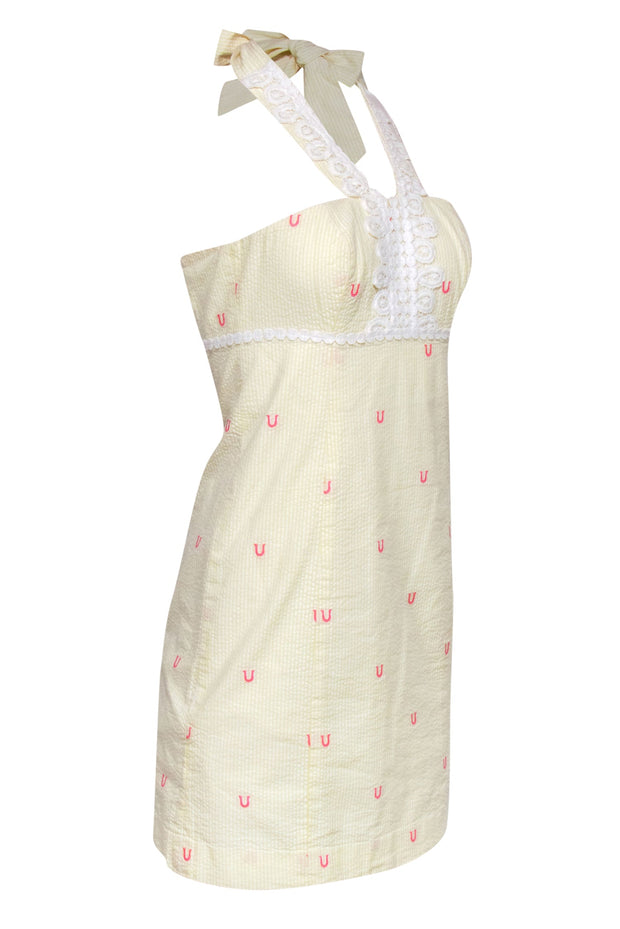 Current Boutique-Lilly Pulitzer - Yellow, White & Pink Striped & Horseshoe Embroidered Cotton Halter Dress Sz 00