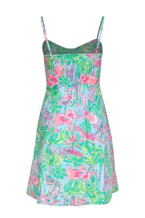 Current Boutique-Lilly Putlitzer - Blue, Green & Pink Cotton Tropical Flamingo Print Dress Sz 00