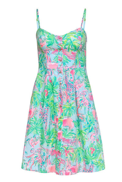 Current Boutique-Lilly Putlitzer - Blue, Green & Pink Cotton Tropical Flamingo Print Dress Sz 00