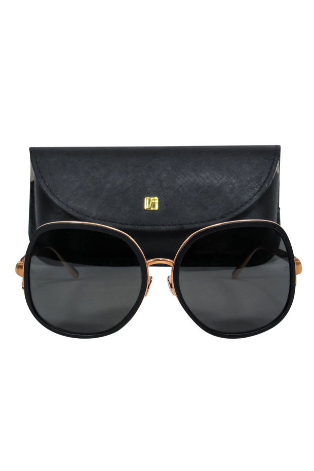 Current Boutique-Linda Farrow - Black Matte Oversized Round Sunglasses w/ Gold-Toned Frame