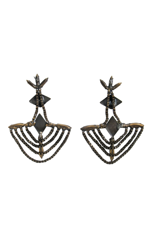 Current Boutique-Lionette - Bronze Chain Link Dangle Statement Earrings w/ Multicolored Gems