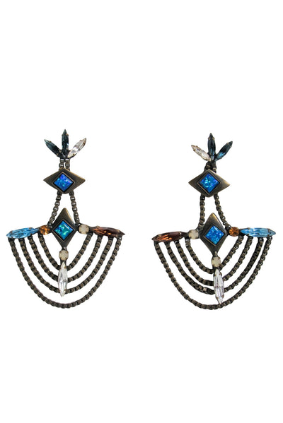 Current Boutique-Lionette - Bronze Chain Link Dangle Statement Earrings w/ Multicolored Gems