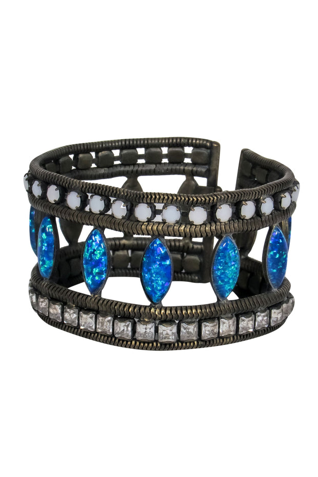 Current Boutique-Lionette - Bronze Wide Cutout Bracelet w/ Multicolored Gems