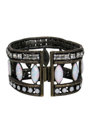 Current Boutique-Lionette - Bronze Wide Cutout Bracelet w/ White & Silver Gems