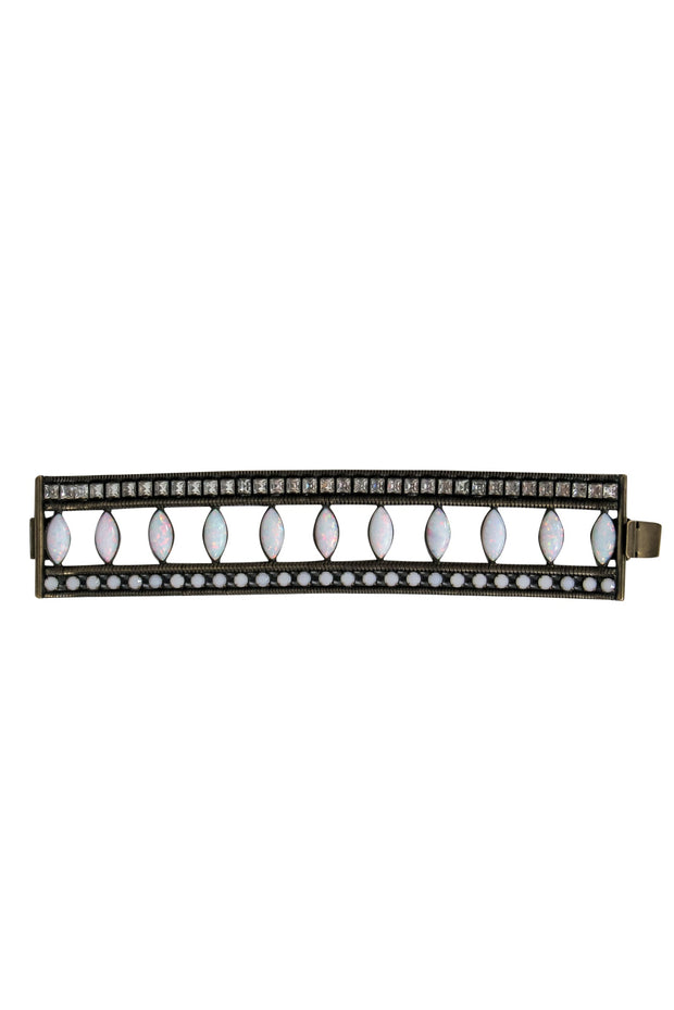 Current Boutique-Lionette - Bronze Wide Cutout Bracelet w/ White & Silver Gems