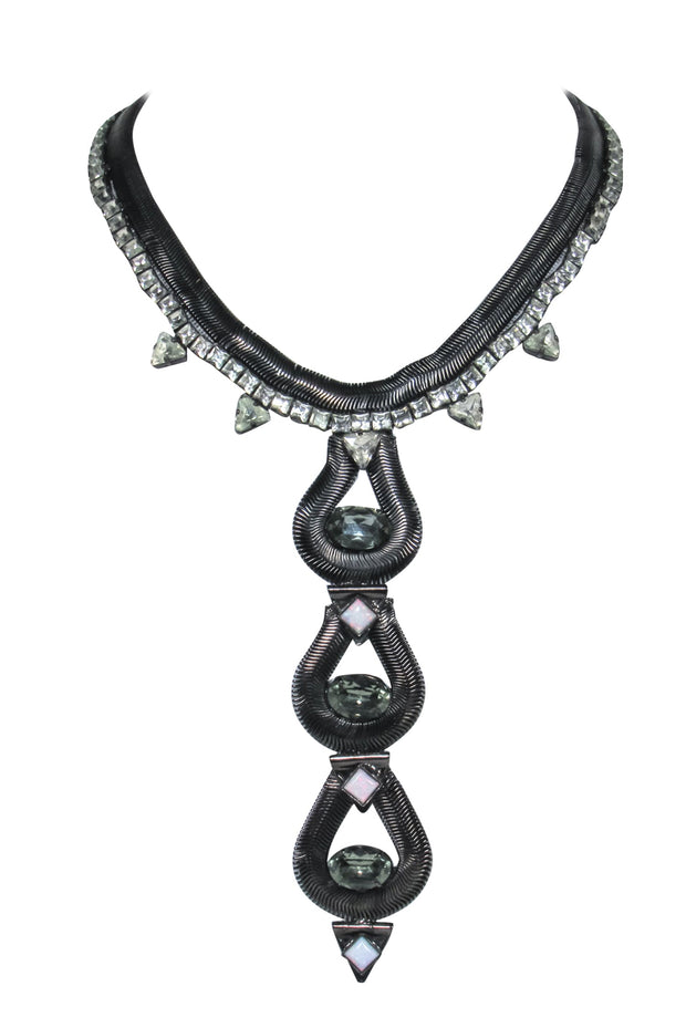 Current Boutique-Lionette - Gunmetal Jeweled Statement Necklace w/ Bar Pendant
