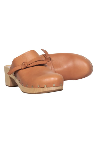 Current Boutique-Loeffler Randal - Light Brown Smooth Leather Wooden Heel Clogs Sz 8.5