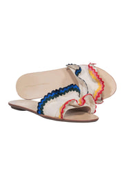 Current Boutique-Loeffler Randall - Beige Ruffle Slide Sandals w/ Multicolored Embroidery Sz 9.5
