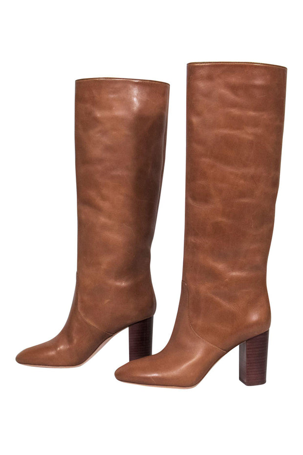 Current Boutique-Loeffler Randall - Camel Leather Calf High Boots w/ Wooden Heel Sz 9.5