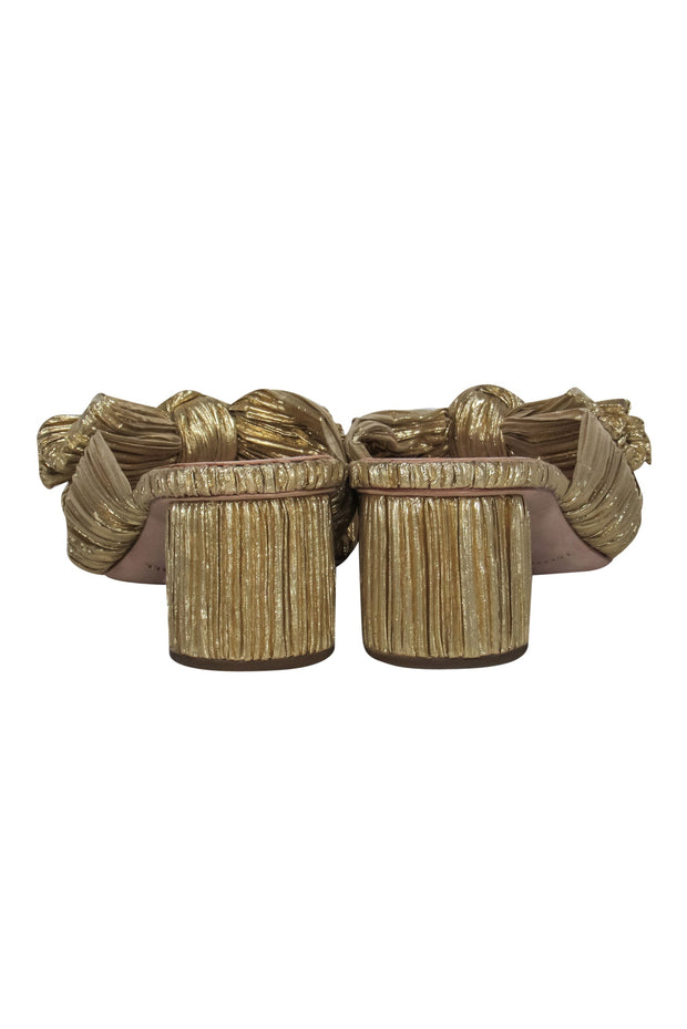 Current Boutique-Loeffler Randall - Gold Crinkle Texture Knotted Block Heel Mule Pumps Sz 9