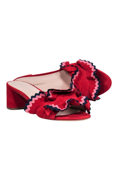 Current Boutique-Loeffler Randall - Red Ruffle Slide Block Heel Pumps w/ Multicolored Embroidery Sz 8.5