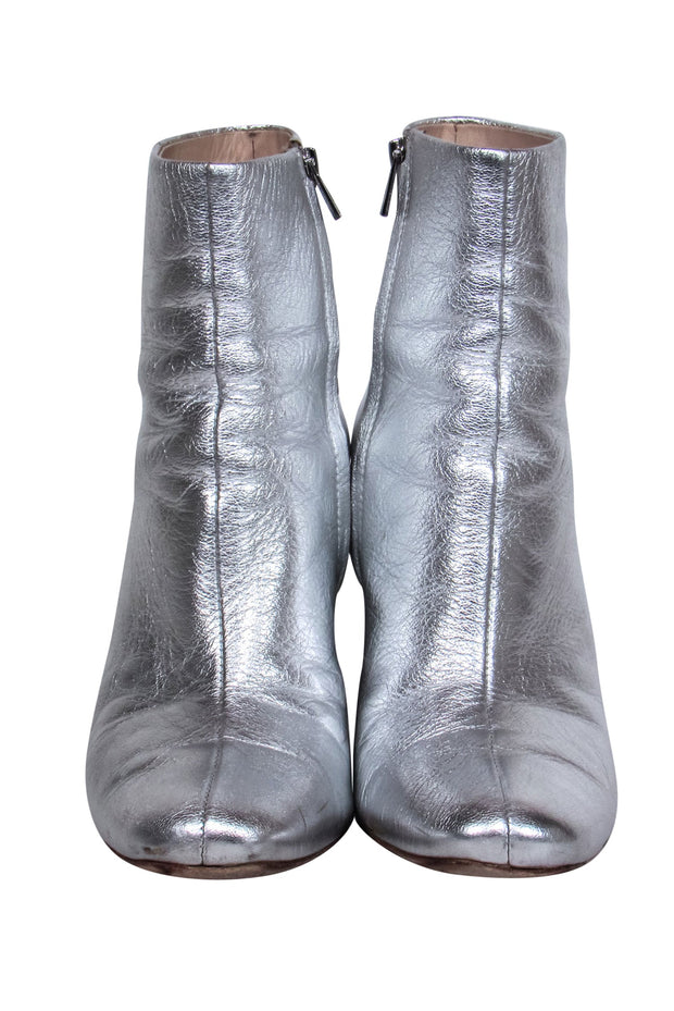 Current Boutique-Loeffler Randall - Silver Metallic Leather Ankle Booties w/ Wood Heel Sz 7