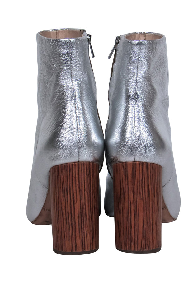 Current Boutique-Loeffler Randall - Silver Metallic Leather Ankle Booties w/ Wood Heel Sz 7