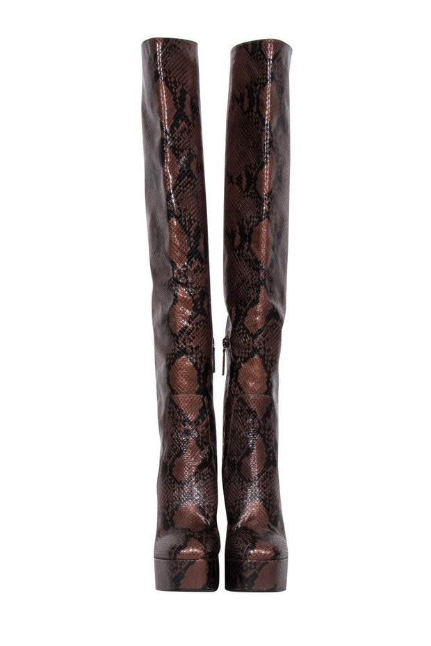 Current Boutique-Longchamp - Brown Snakeskin Thigh High Heeled Platform Boots Sz 7