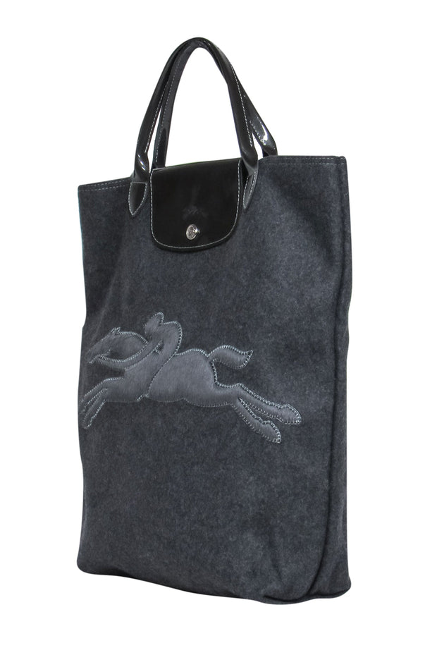 Current Boutique-Longchamp - Dark Grey Wool Snap “Victoire” Tote w/ Embroidered Logo