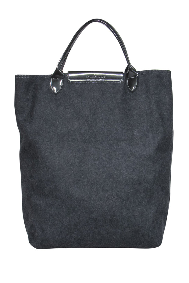 Current Boutique-Longchamp - Dark Grey Wool Snap “Victoire” Tote w/ Embroidered Logo