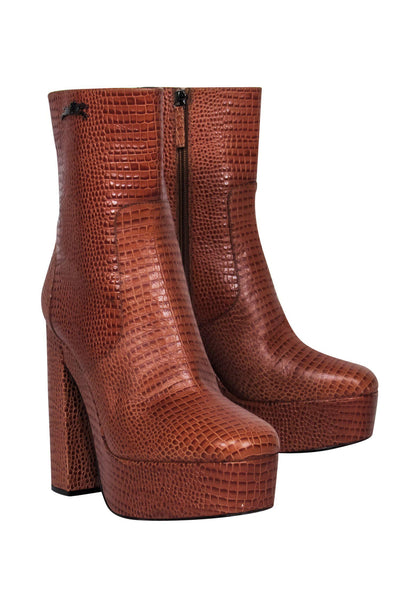 Current Boutique-Longchamp - Light Brown Snakeskin Embossed Calf High Heeled Platform Boots Sz 9