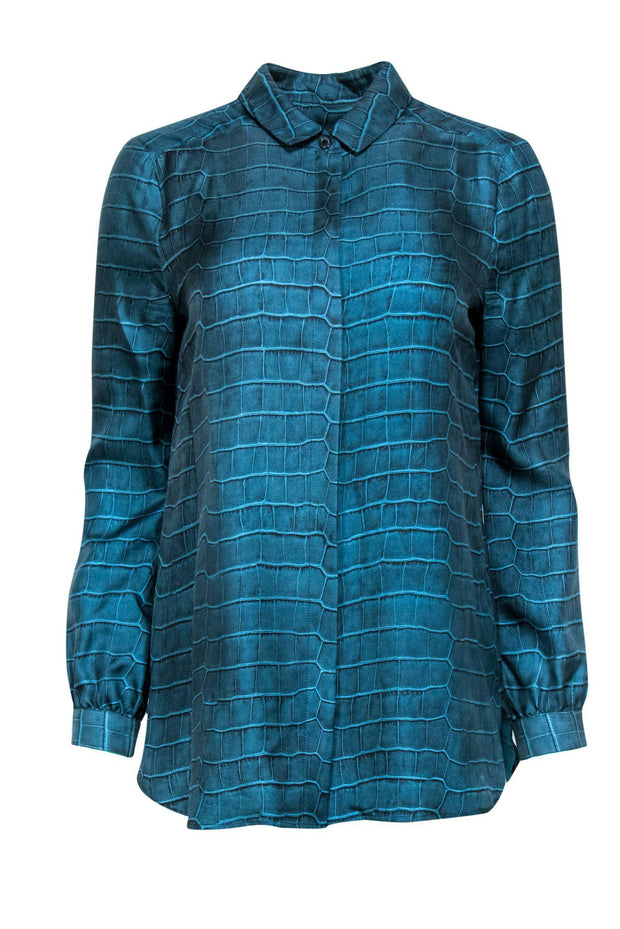 Current Boutique-Longchamp - Teal Snakeskin Printed Silk Blouse Sz 6